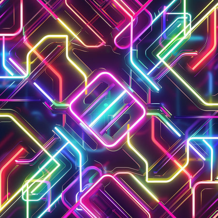 Neon glowing squares. Seamless pattern. Vector illustration.の素材