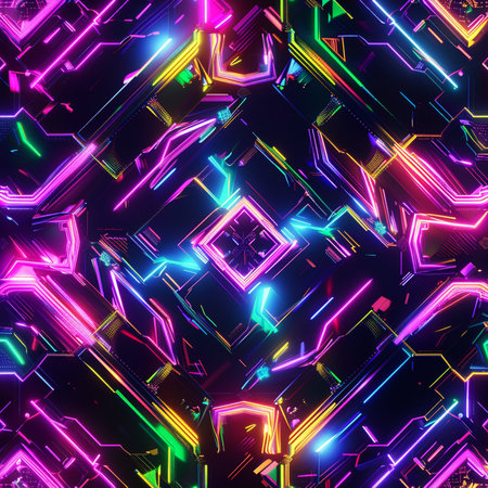 Seamless geometric pattern with colorful neon lights. Vector illustration.の素材