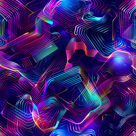 Abstract seamless pattern with colorful geometric figures on a dark background. Vector illustration.の素材