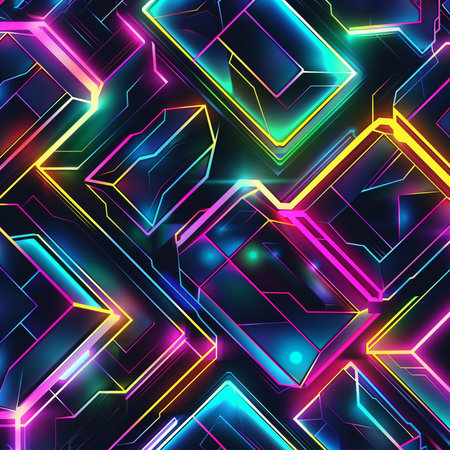 Seamless pattern with neon glowing cubes on dark background. Vector illustration.の素材