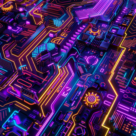 Neon futuristic circuit board background. 3d rendering digital illustration.の素材