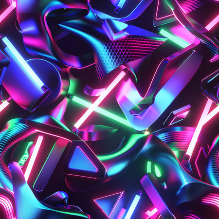Glowing neon geometric shapes. Seamless pattern. 3d renderingの素材