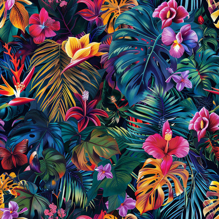 Seamless pattern with tropical leaves and hibiscus flowersの素材