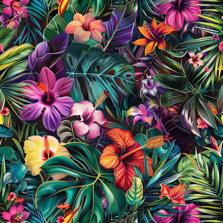 Seamless pattern with tropical leaves and hibiscus flowersの素材