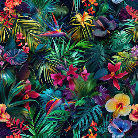 Seamless pattern with tropical leaves and hibiscus flowersの素材