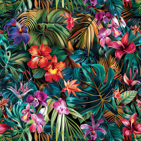 Seamless pattern with tropical leaves and flowers. Vector illustration.の素材