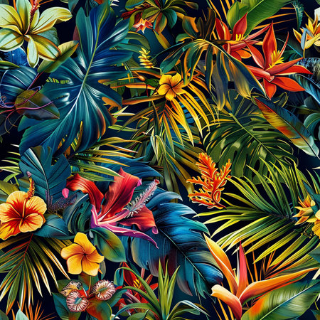 Seamless pattern with tropical leaves and hibiscus flowersの素材