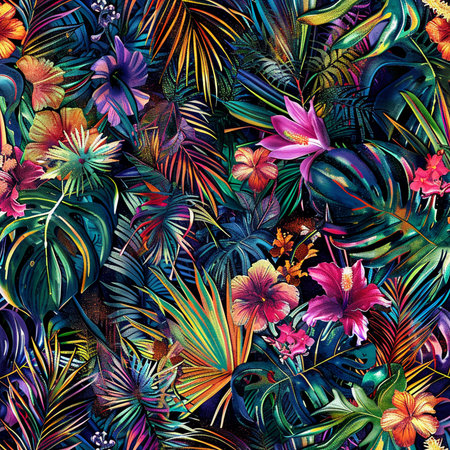 Seamless pattern with tropical leaves and hibiscus flowersの素材