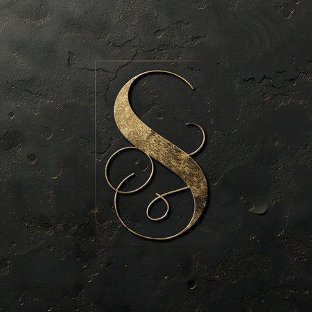 Golden letter S on black textured background. Template for design.の素材