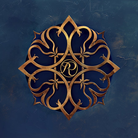 Luxury golden ornament on blue textured background. 3D renderingの素材