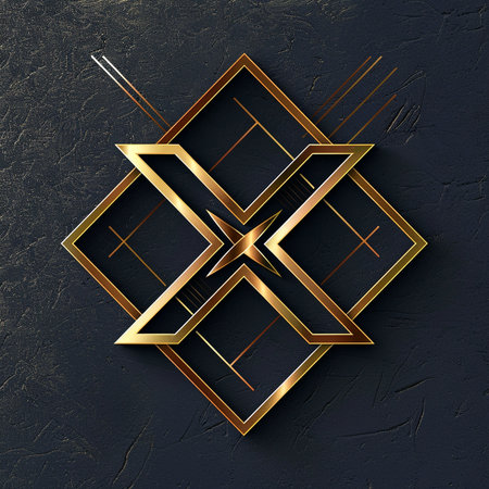 Abstract geometric background with gold frame on textured wall. 3d illustrationの素材