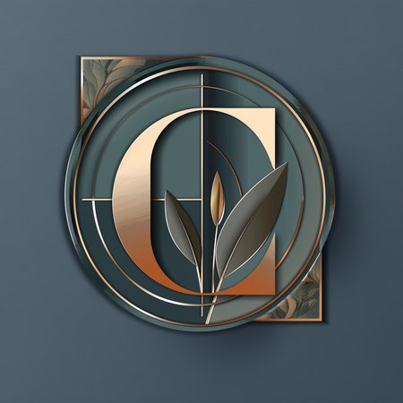 Elegant letter O in golden round frame with leaves on dark background.の素材