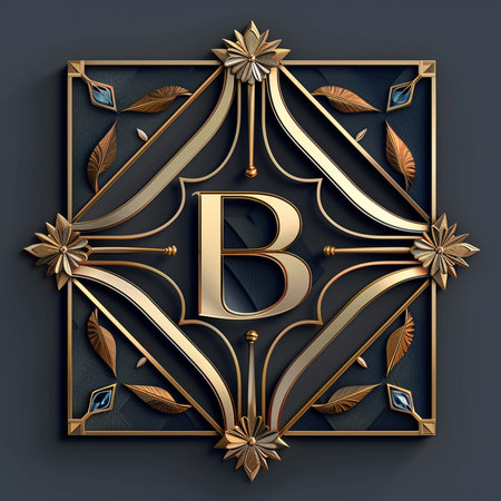 Luxury letter B with gold floral ornament. 3D renderingの素材