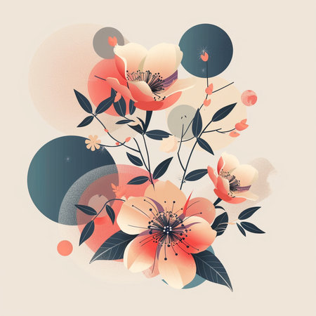 Hand drawn floral background with poppies and circles. Vector illustration.の素材