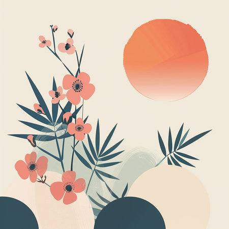 Floral background with flowers and sun in retro style. Vector illustration.の素材