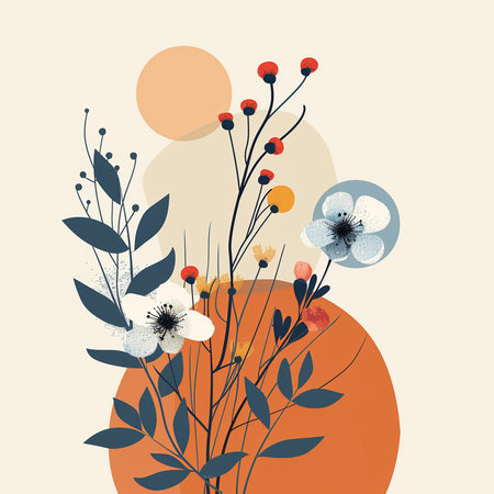 Vector illustration of abstract floral background with flowers and leaves in retro styleの素材