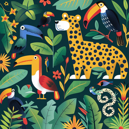 Seamless pattern with tropical birds and toucans. Vector illustration.の素材