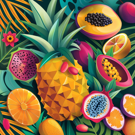 Tropical seamless pattern with exotic fruits and palm leaves. Vector illustration.の素材