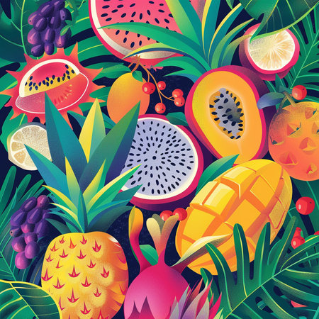 Seamless pattern with tropical fruits and plants. Vector illustration.の素材
