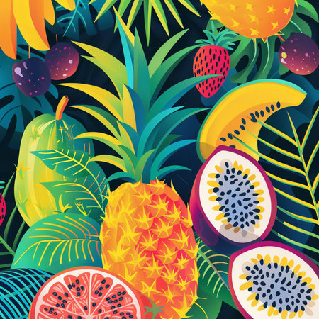 Seamless pattern with tropical fruits on dark background. Vector illustration.の素材