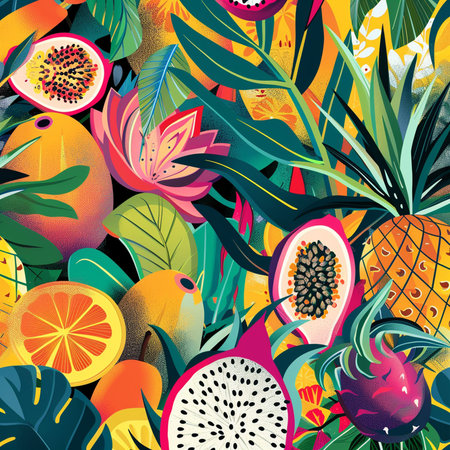 Tropical seamless pattern with exotic fruits. Vector illustration in flat styleの素材
