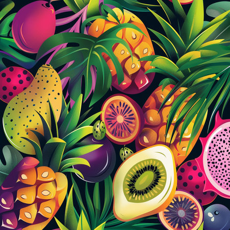Seamless pattern with tropical fruits on black background. Vector illustration.の素材