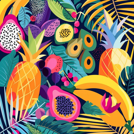 Seamless pattern with tropical fruits and leaves. Vector illustration.の素材