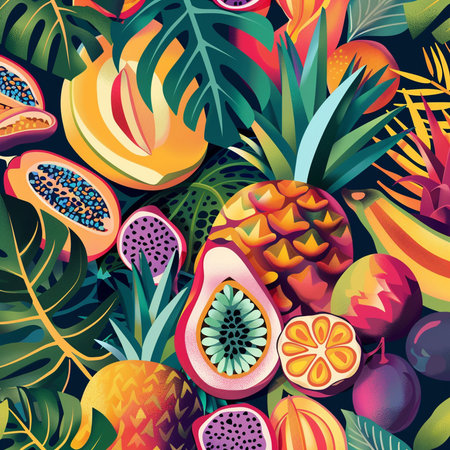 Seamless pattern with tropical fruits and leaves. Vector illustration.の素材