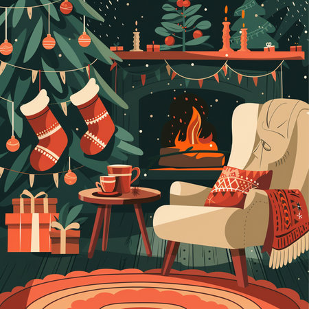 Christmas and New Year cozy living room interior with fireplace and christmas tree. Vector illustrationの素材