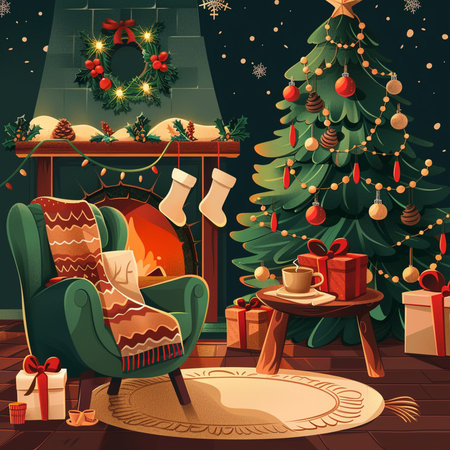 Christmas living room with fireplace, armchair and Christmas tree. Vector illustrationの素材