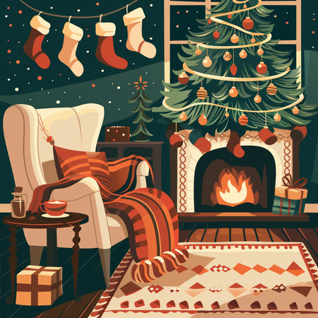 Christmas interior with fireplace, Christmas tree and gifts. Vector illustration.の素材