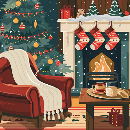 Christmas living room with fireplace and christmas tree. Vector illustration.の素材