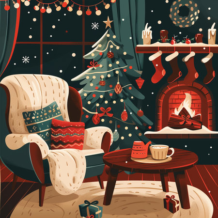 Christmas living room with fireplace, armchair and Christmas tree. Vector illustration in cartoon styleの素材