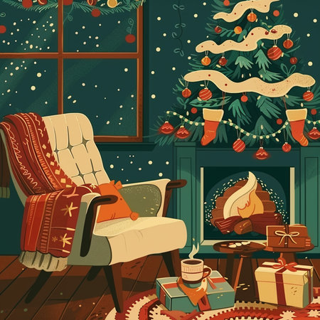 Christmas living room with fireplace and christmas tree. Vector illustration.の素材