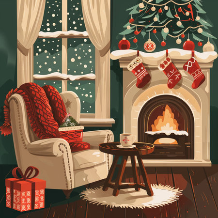 Christmas living room interior with fireplace, armchair, sofa and Christmas tree. Vector illustration.の素材