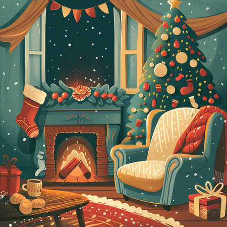 Christmas living room interior with fireplace, armchair, Christmas tree and presents. Vector illustration.の素材
