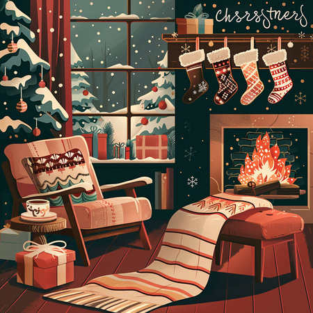 Christmas and New Year interior. Christmas tree, fireplace, armchair, fireplace, Christmas socks. Vector illustrationの素材