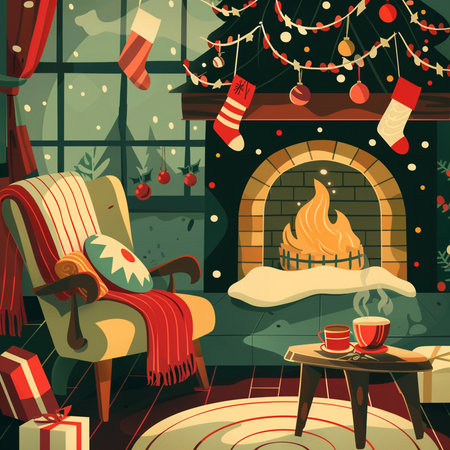 Christmas living room with fireplace and christmas tree. Vector illustration.の素材