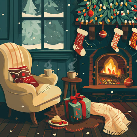 Christmas interior with fireplace, christmas tree, cozy armchair and presents. Vector illustrationの素材