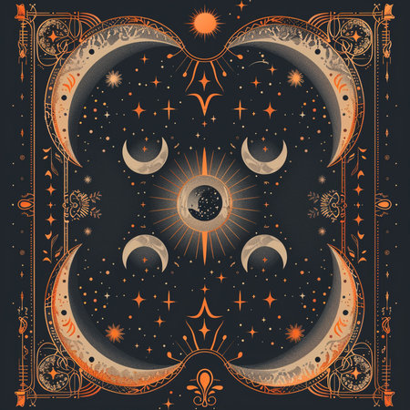 Mystical vintage background with crescent moon and stars. Vector illustration.の素材