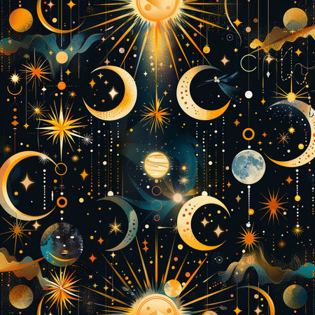 Seamless pattern with moons, stars and stars. Vector illustration.の素材