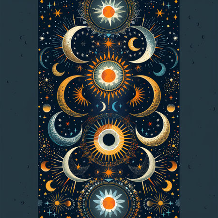 Vector illustration of moon and stars in the night sky. Design for spiritual relaxation for adults.の素材
