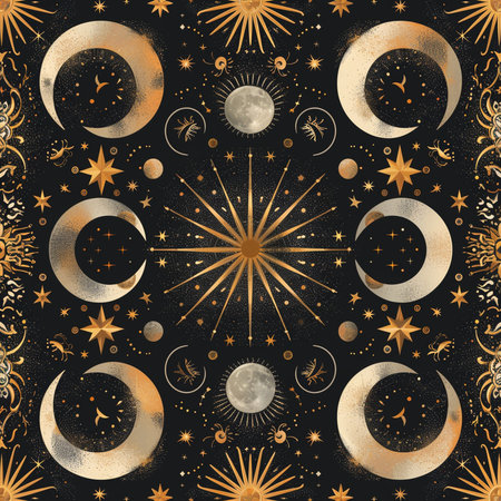 Seamless pattern with moon phases and stars. Vector illustration.の素材