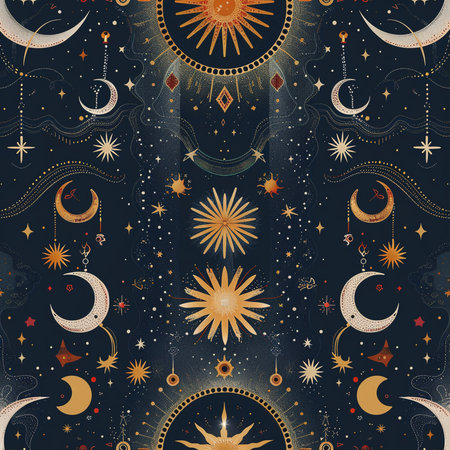 Seamless pattern with crescent moon, stars and stars. Vector illustration.の素材
