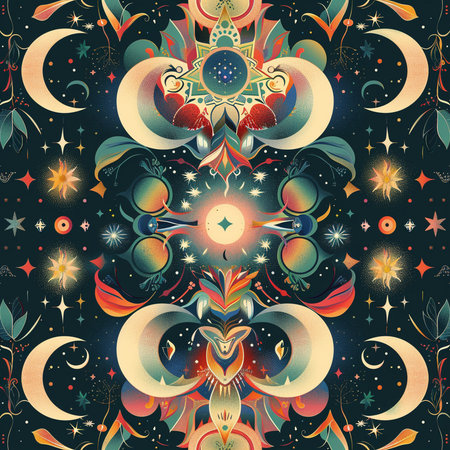 Seamless pattern with moon, stars and flowers. Vector illustration.の素材