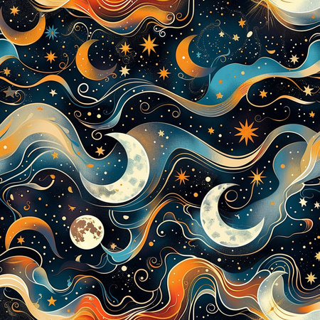 Seamless pattern with moon and stars. Hand-drawn illustration.の素材