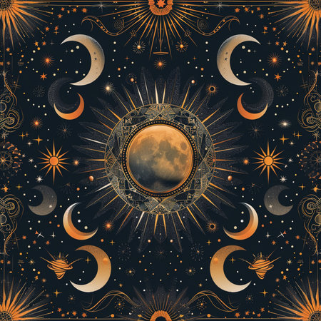 Zodiac background with crescent moon and stars. Vector illustration.の素材