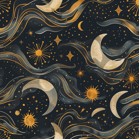 Seamless pattern with moon and stars. Hand drawn vector illustration.の素材