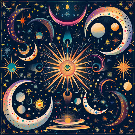 Seamless pattern with stars, moon and sun. Vector illustration.の素材