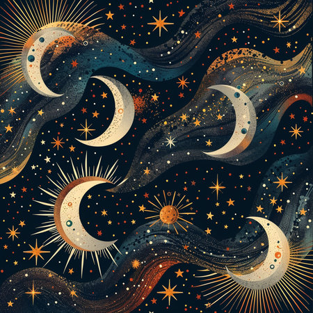 Seamless pattern with hand drawn moon and stars. Vector illustration.の素材
